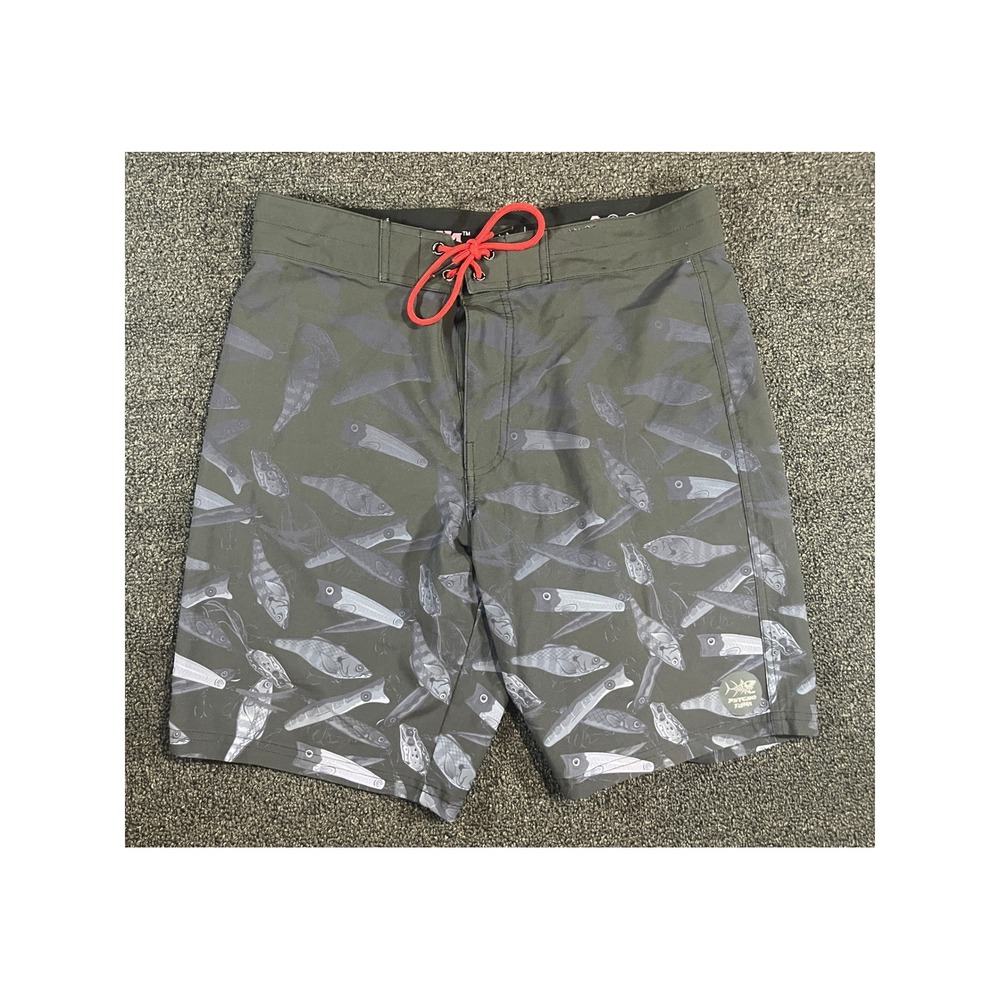 Psycho Tuna Mens Fishing Lure Print Board Shorts Grey Black Size 30 Stretch